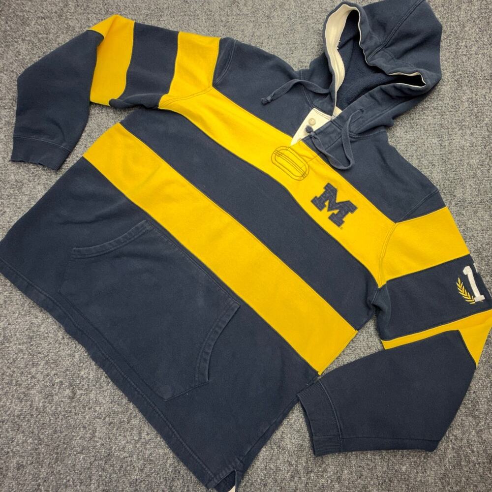 Champion Michigan Wolverines Hoodie Mens L Blue Yellow Rugby Stripe Pullover